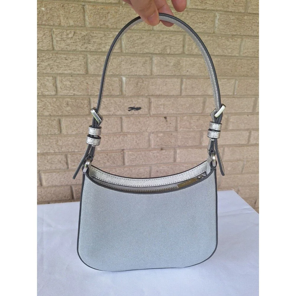 kate spade new york Silver Metallic Glitter Crescent Shoulder Bag Zip Closure